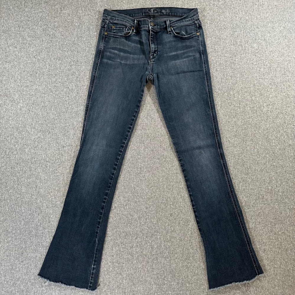 7 For All Mankind Kaylie Slim Flare Jeans Dark Wash Raw Hem Denim Womens Size 29